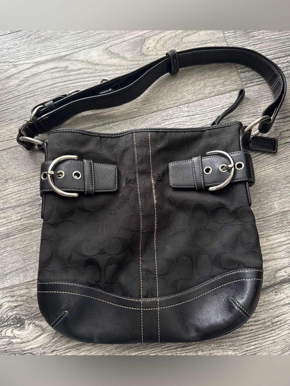 Coach Black Signature Canvas Shoulder Bag with Silver Buckles